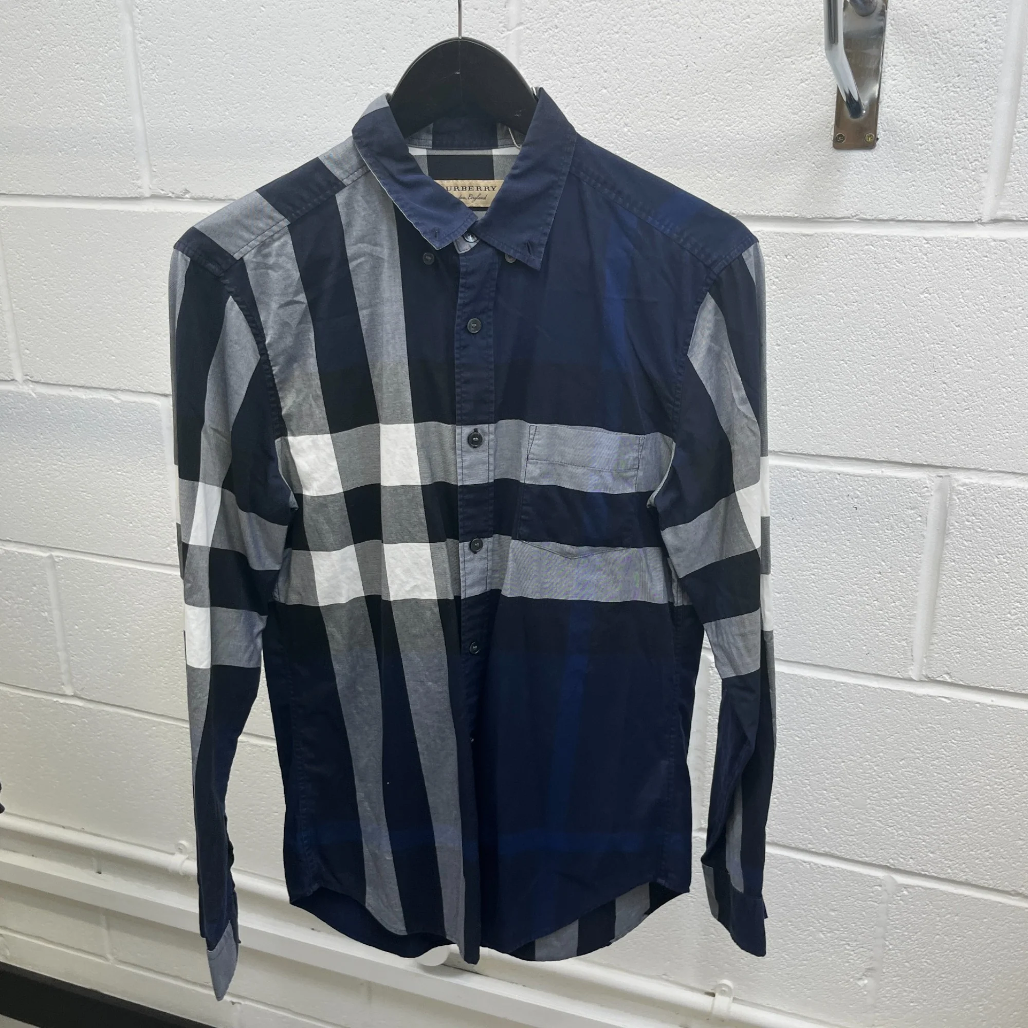 Men's Check Print Long Sleeve Shirt Navy Size S - Image 8