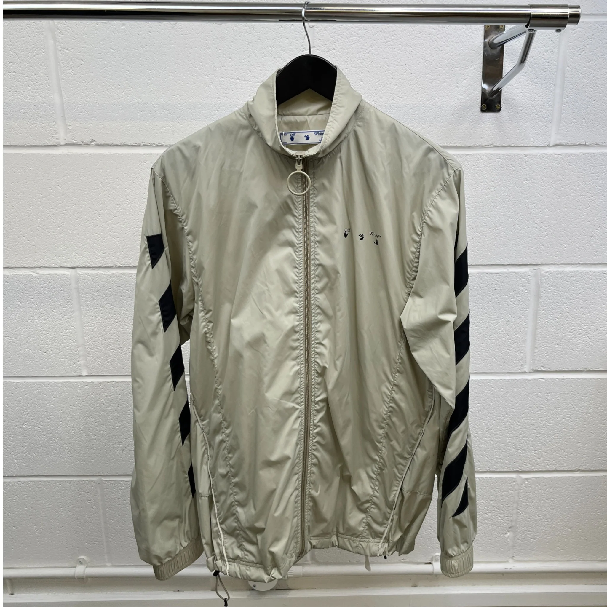 Men's Diagonal Stripe Nylon Windbreaker Beige Size S - Image 8