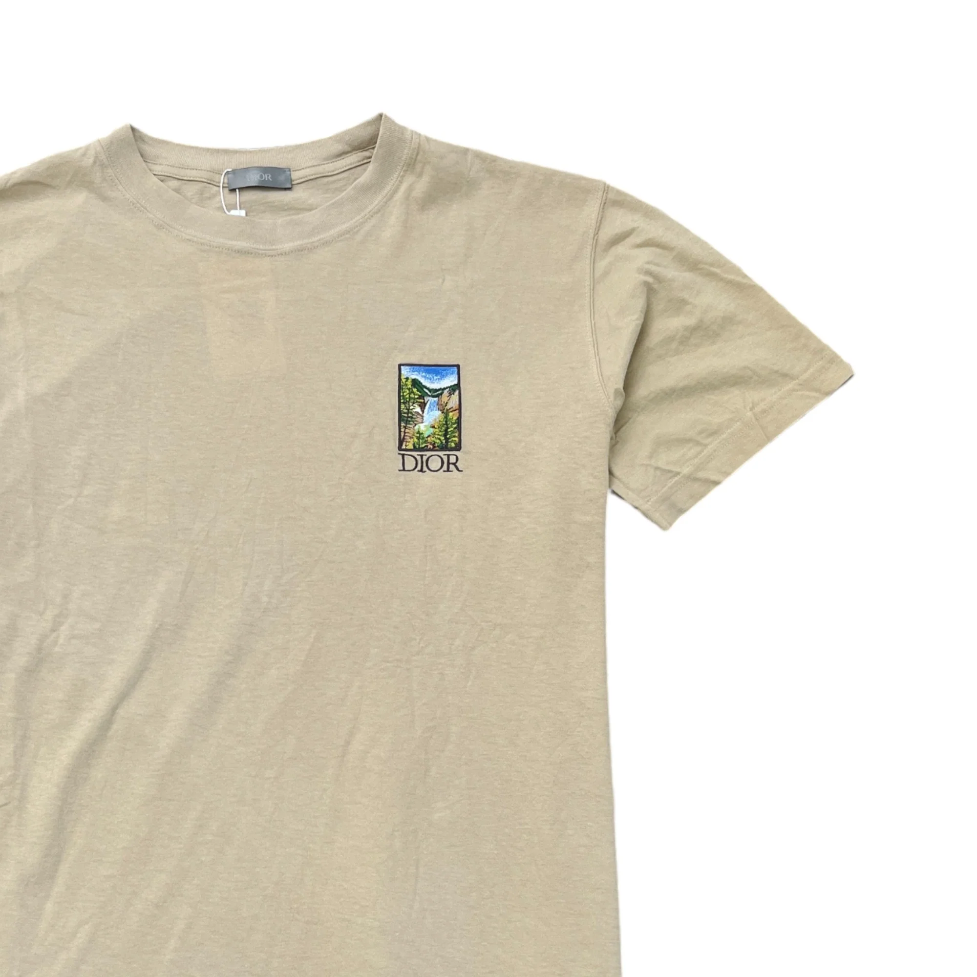Men's Embroidered Logo Back Print T-Shirt Beige Size S - Image 3