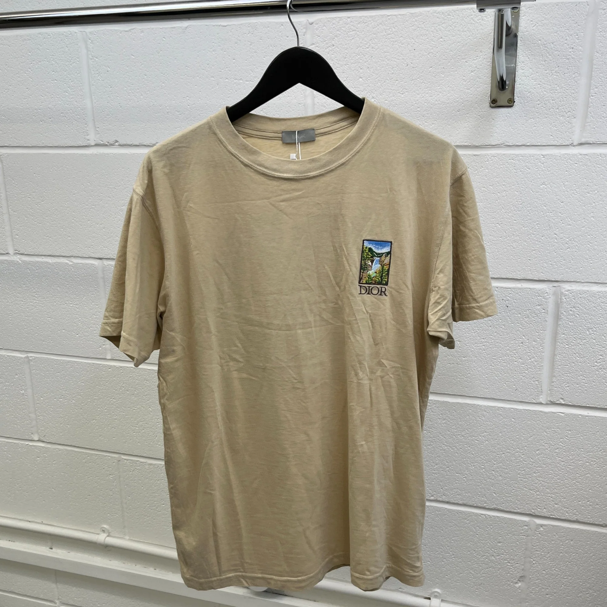 Men's Embroidered Logo Back Print T-Shirt Beige Size S - Image 9