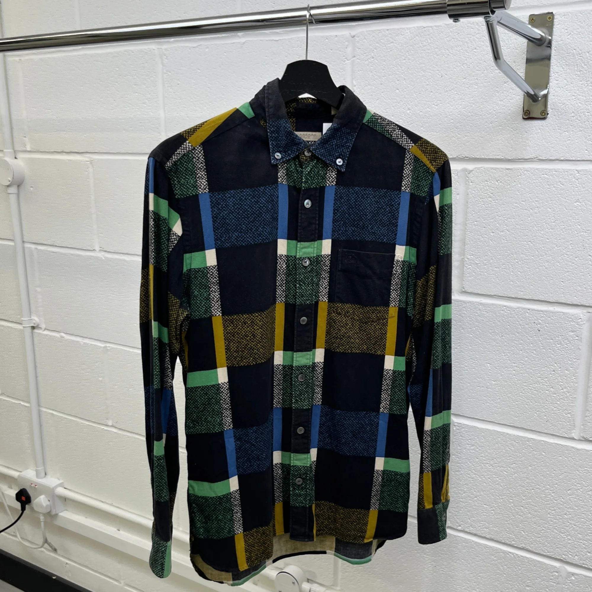 Men's Embroidered Logo Checkered Long Sleeve Shirt Black Size S - Image 9