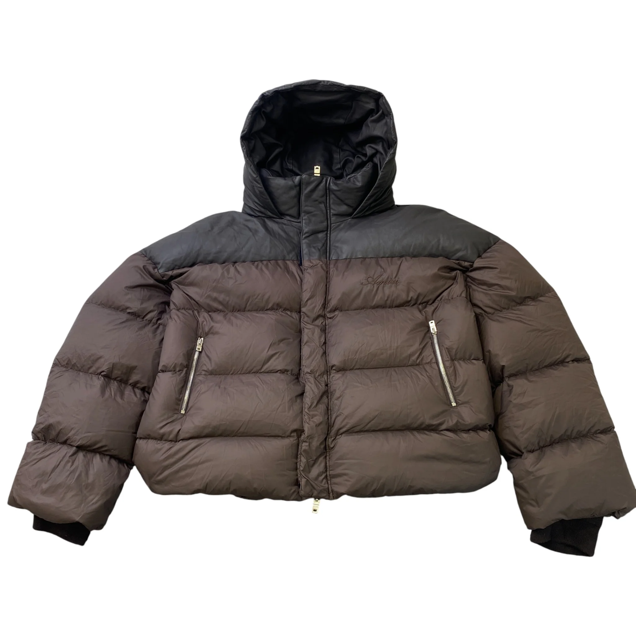 Men's Embroidered Logo Down Jacket Brown Size M