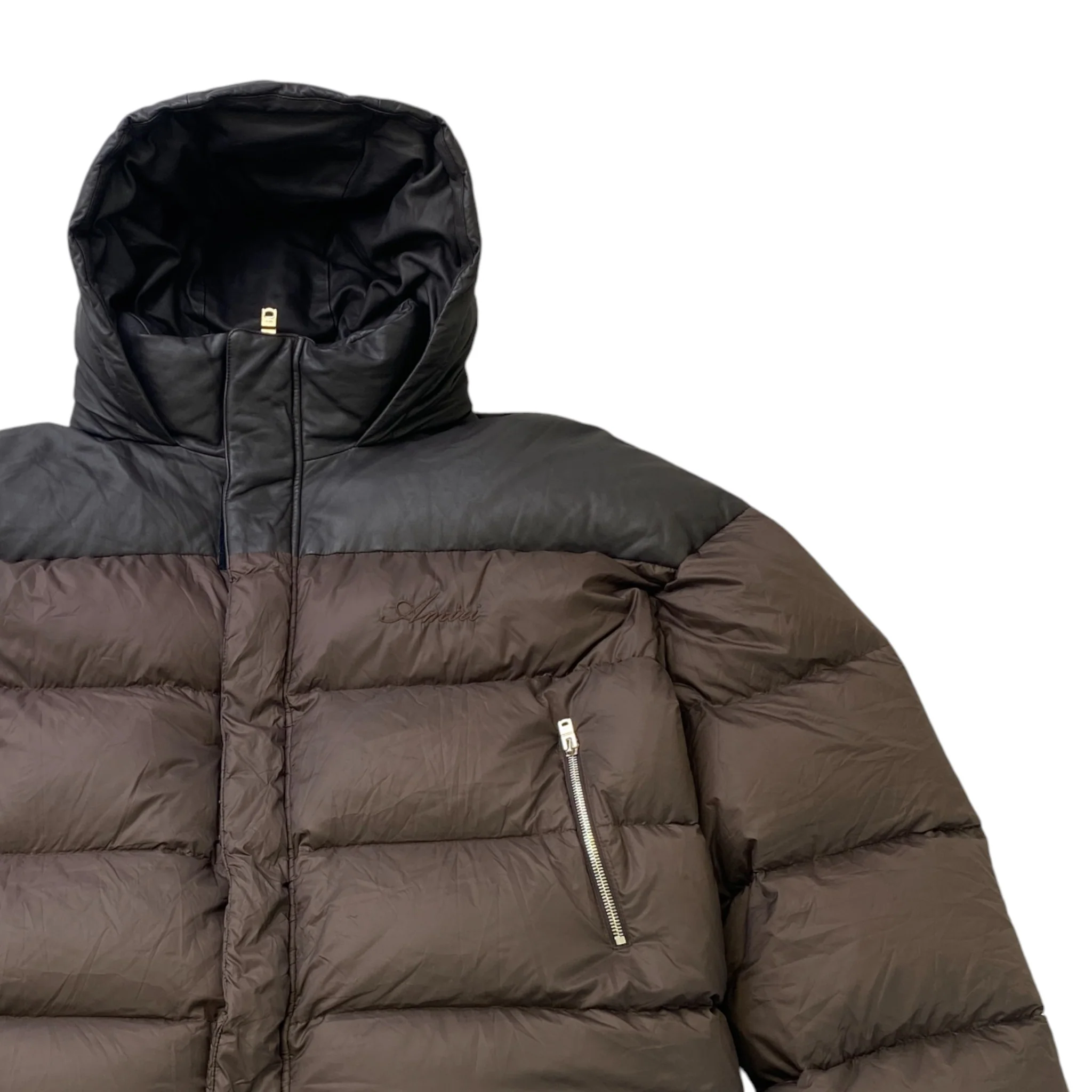 Men's Embroidered Logo Down Jacket Brown Size M - Image 3