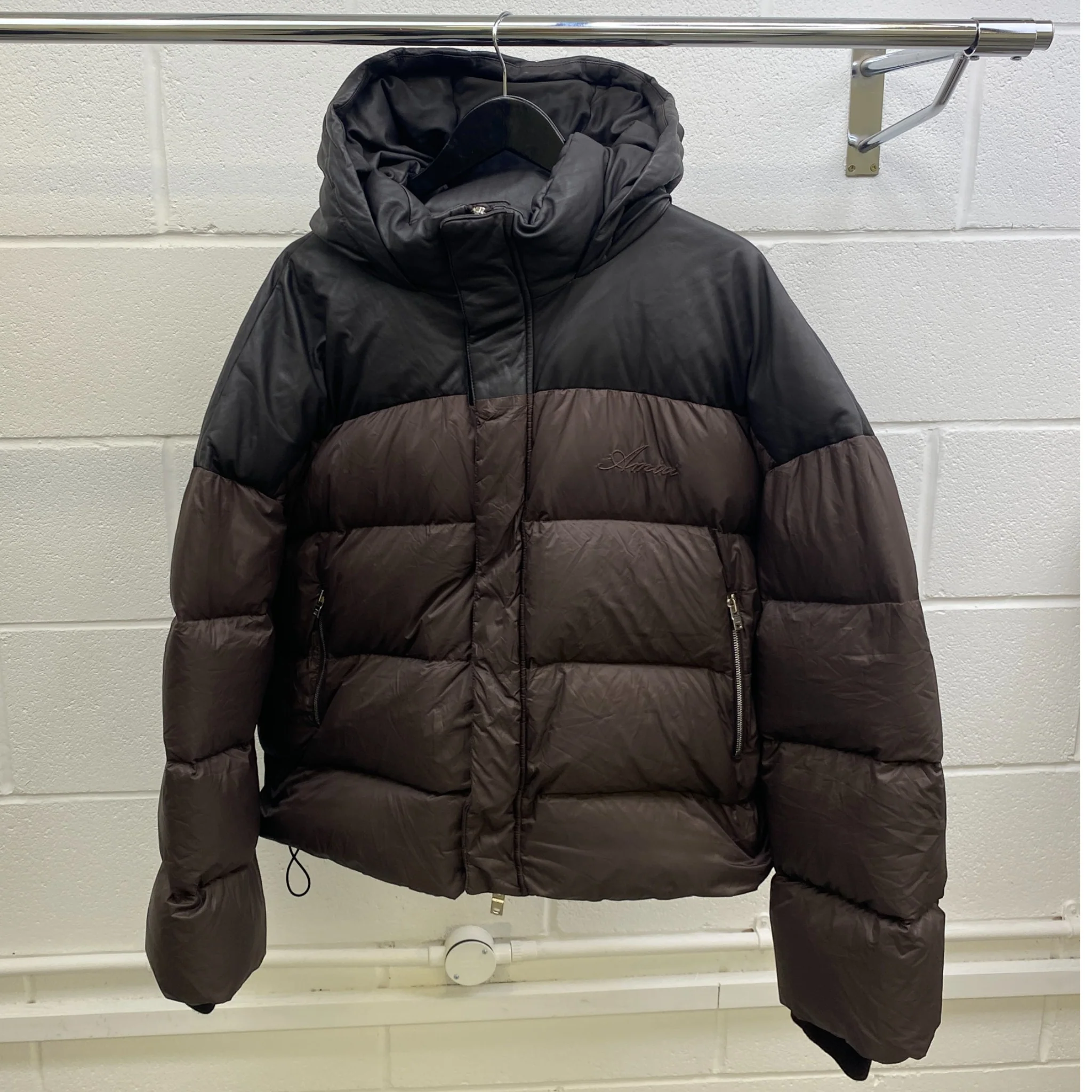 Men's Embroidered Logo Down Jacket Brown Size M - Image 9