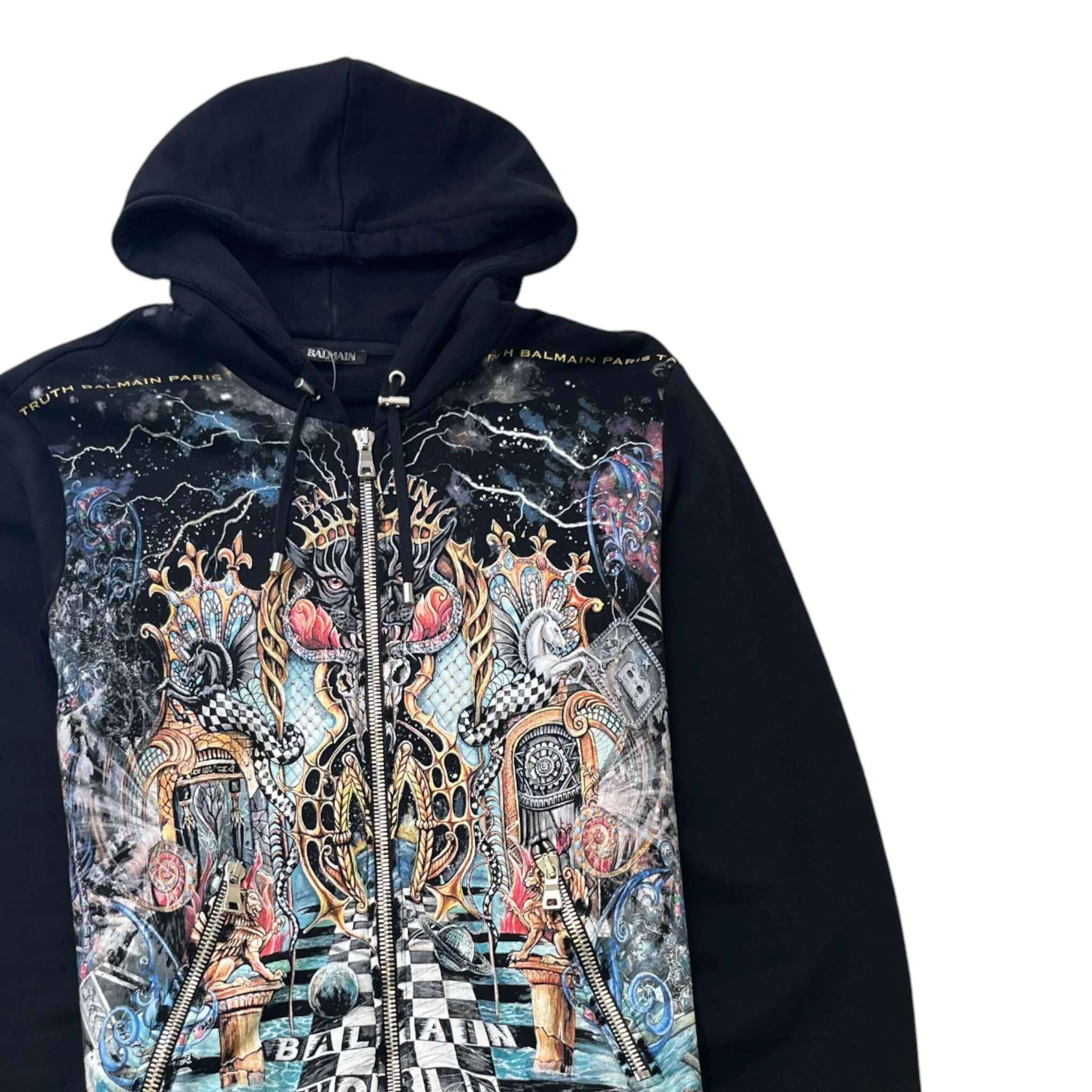Men's Graphic Print Distressed Jumper Black Size L - Image 3