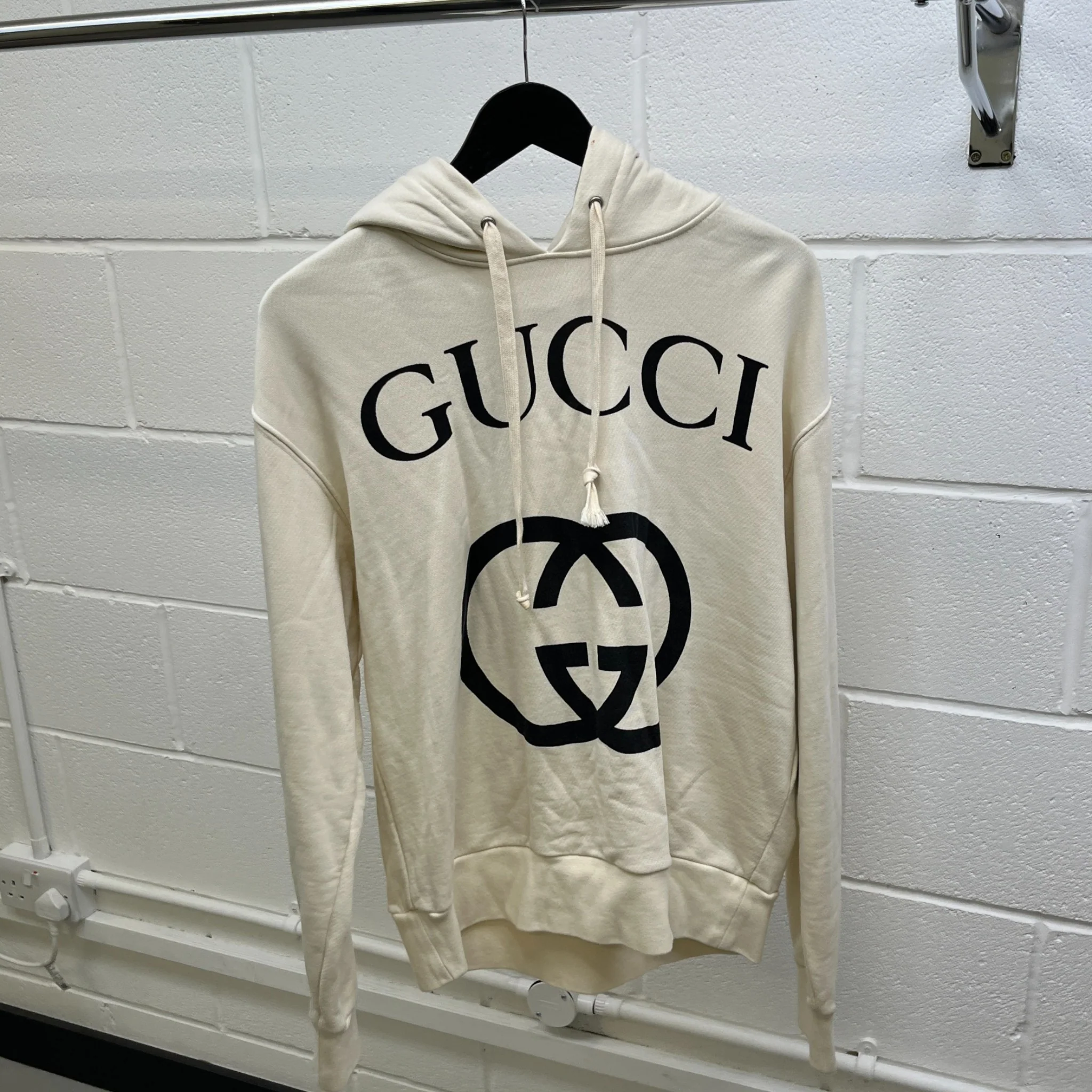 Men's Logo Print Hoodie Beige Size S - Image 9