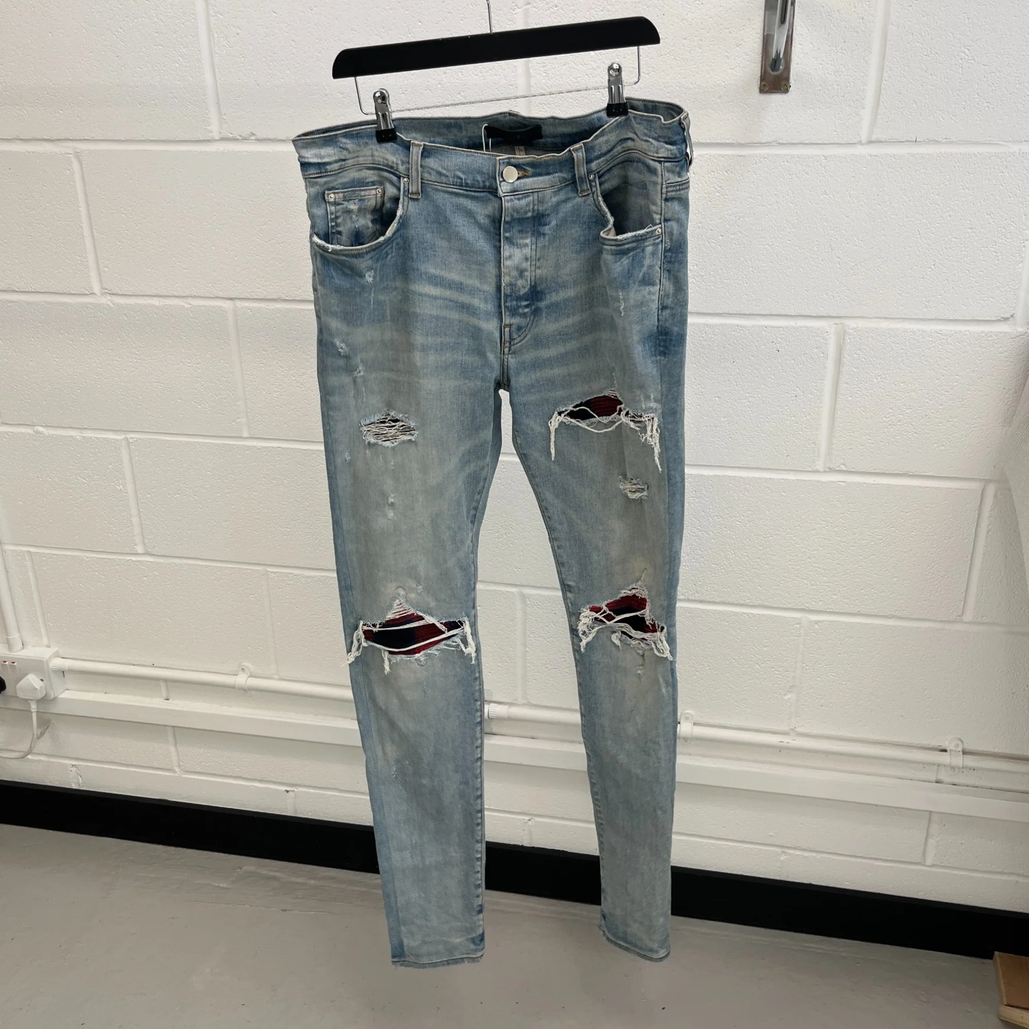 Men's Mx1 Distressed Flannel Jeans Blue Size Waist 36" - Image 11