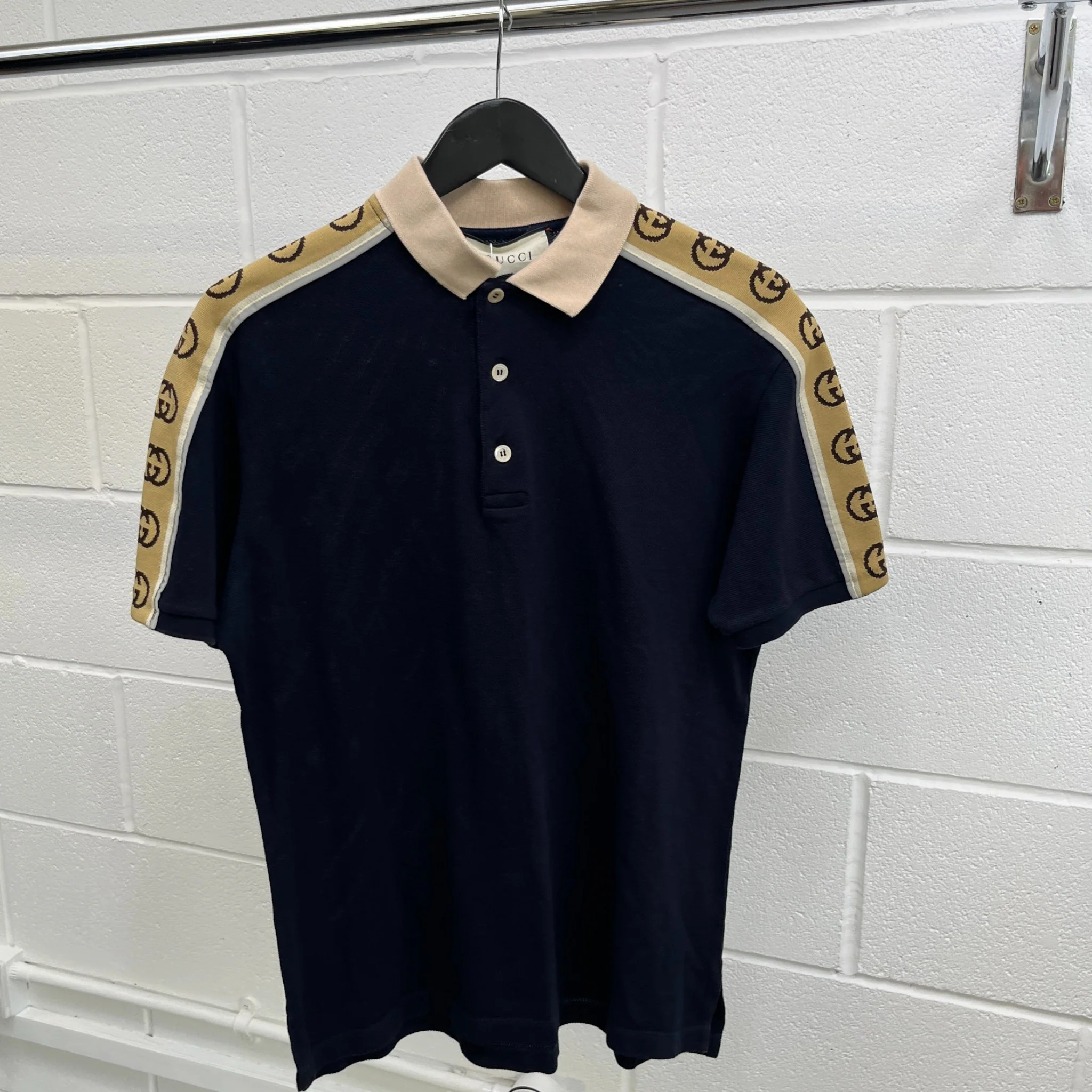 Men's Tape Logo Polo Shirt Navy Size M - Image 8