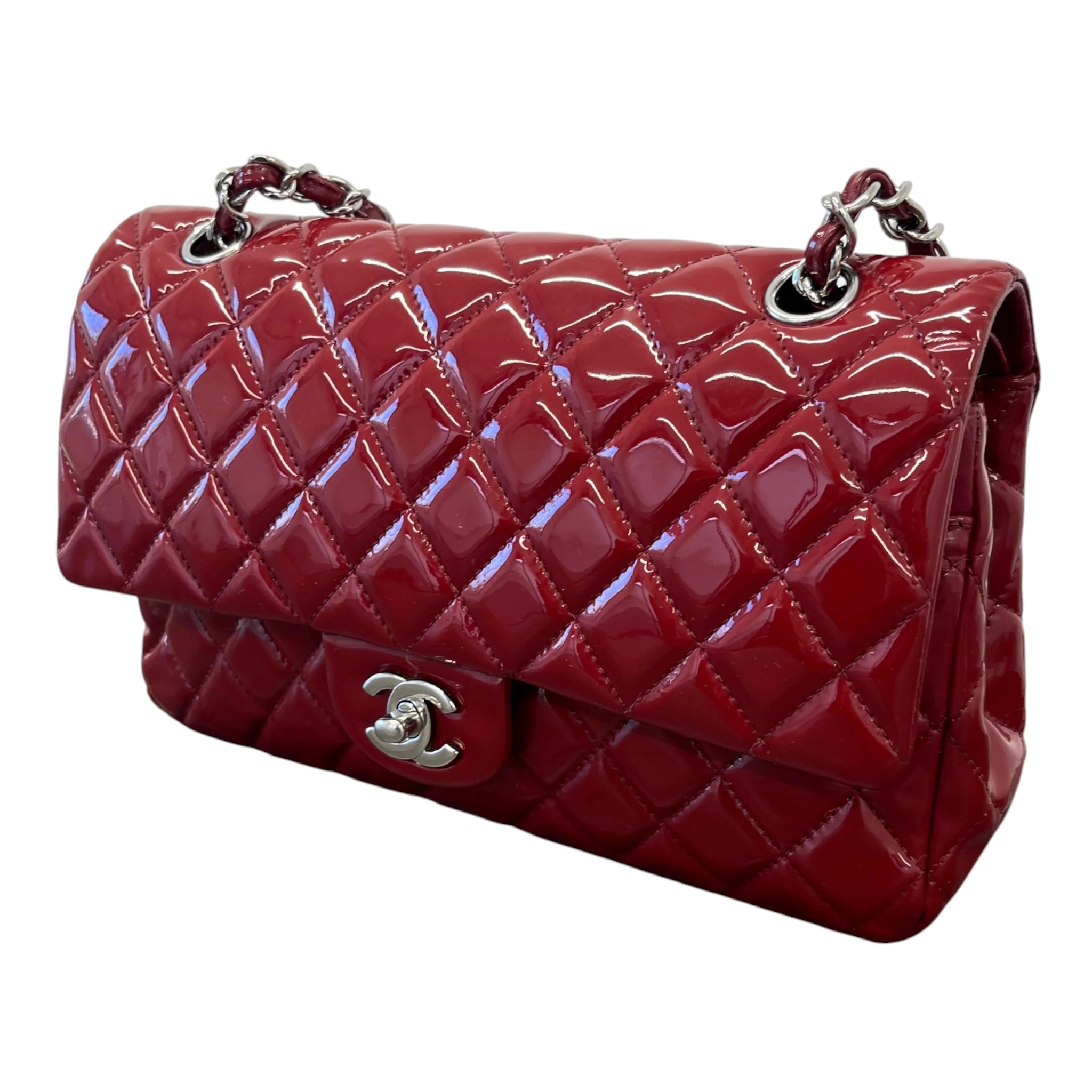 Women's Classic Double Flap Medium Patent Handbag Burgundy - Image 7