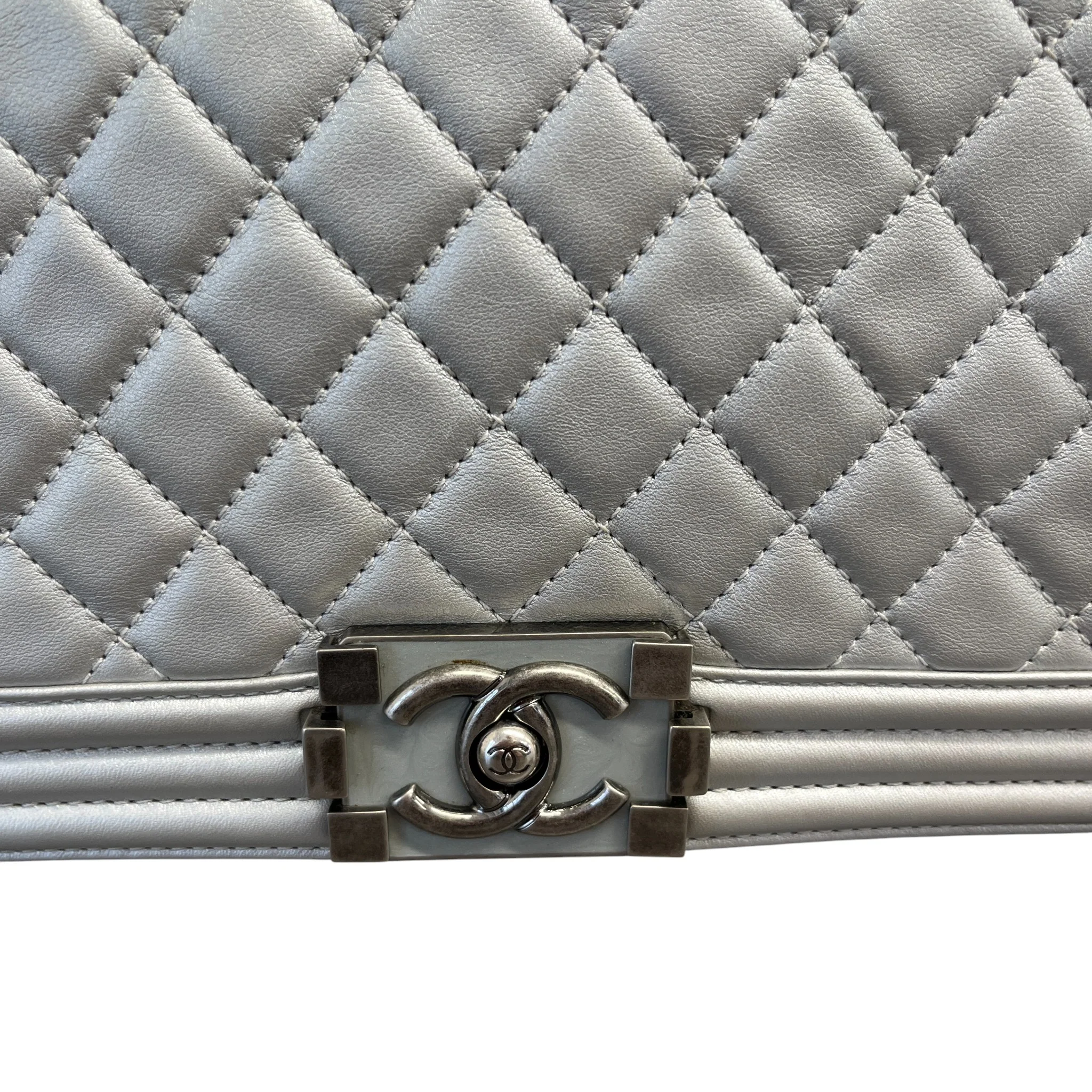 Women's Metallic Lambskin Medium Boy Bag Silver - Image 11