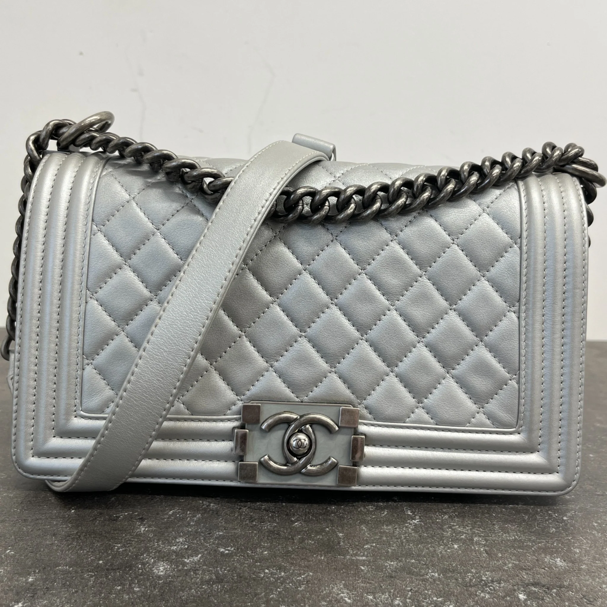 Women's Metallic Lambskin Medium Boy Bag Silver - Image 14