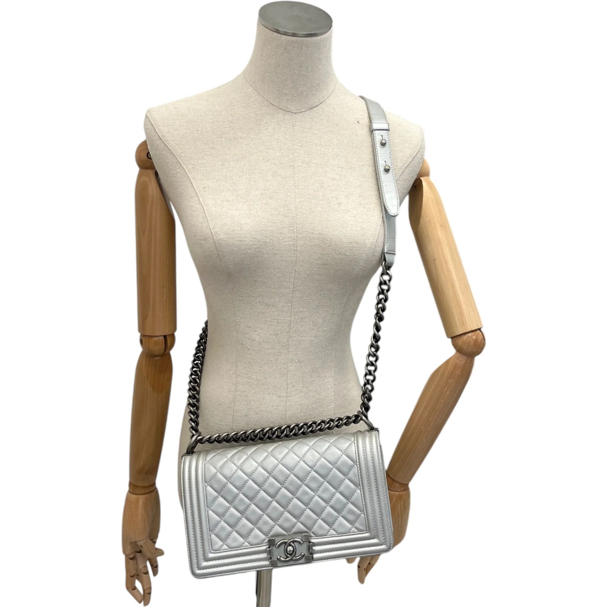 Women's Metallic Lambskin Medium Boy Bag Silver - Image 2