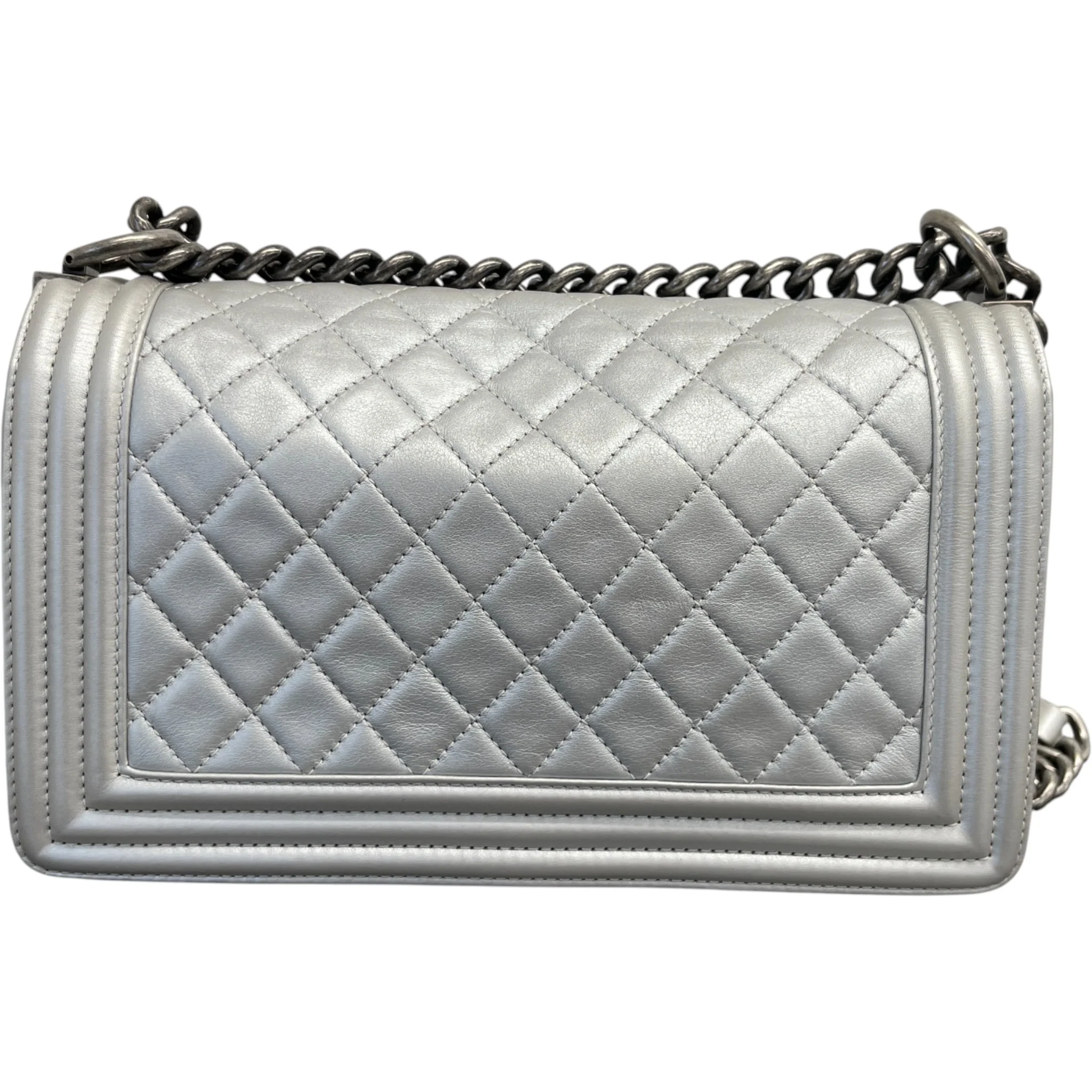Women's Metallic Lambskin Medium Boy Bag Silver - Image 3
