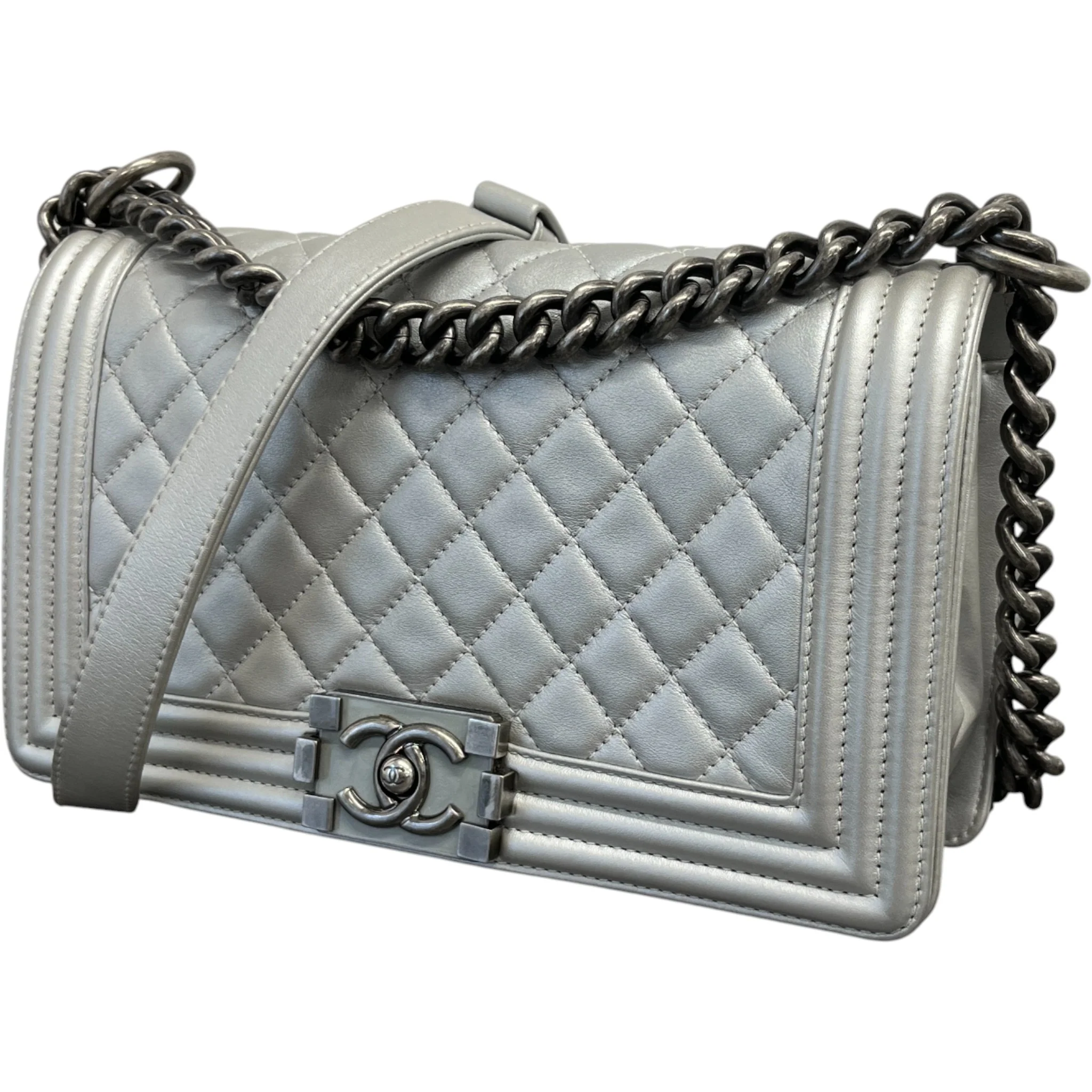 Women's Metallic Lambskin Medium Boy Bag Silver - Image 4