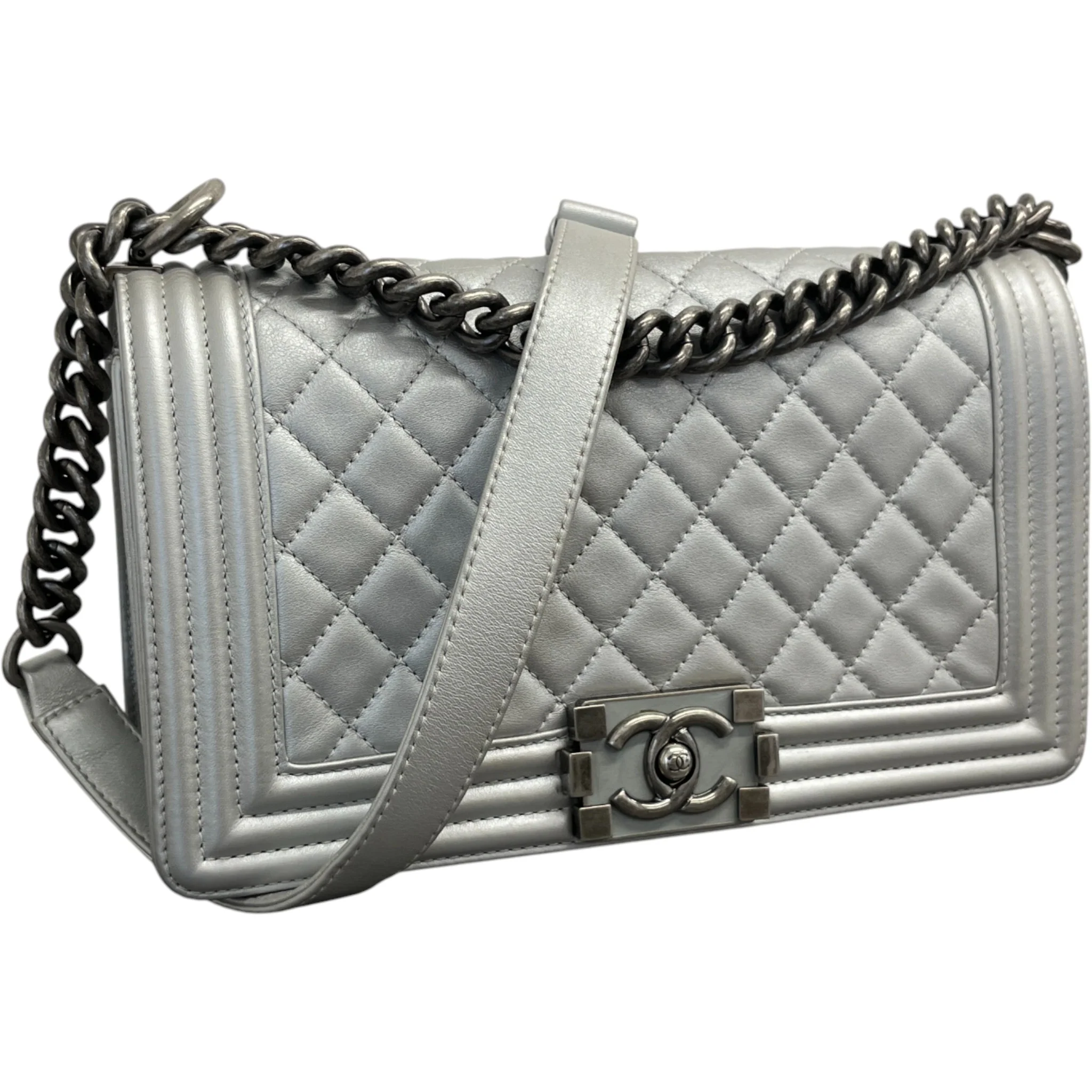 Women's Metallic Lambskin Medium Boy Bag Silver - Image 5