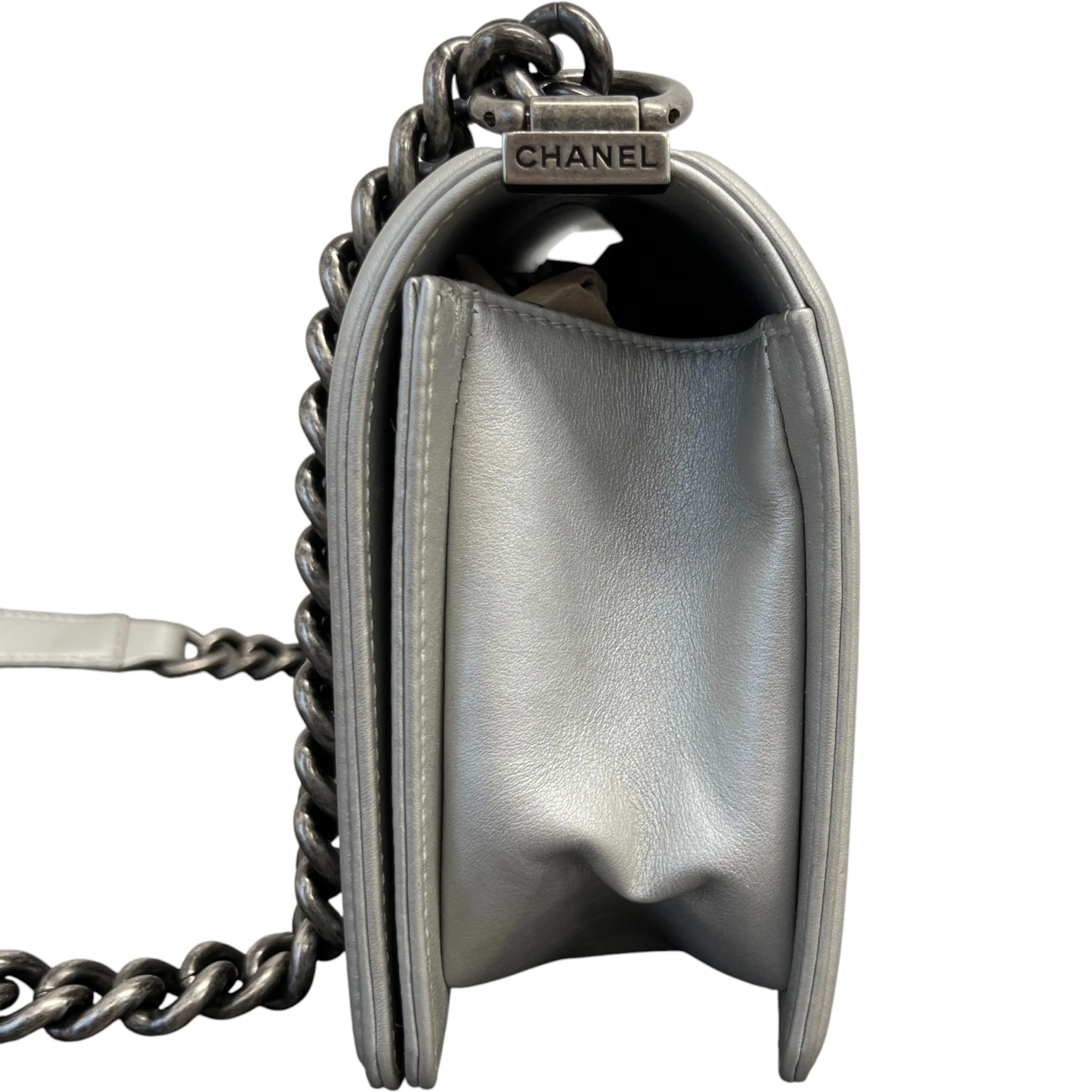 Women's Metallic Lambskin Medium Boy Bag Silver - Image 6
