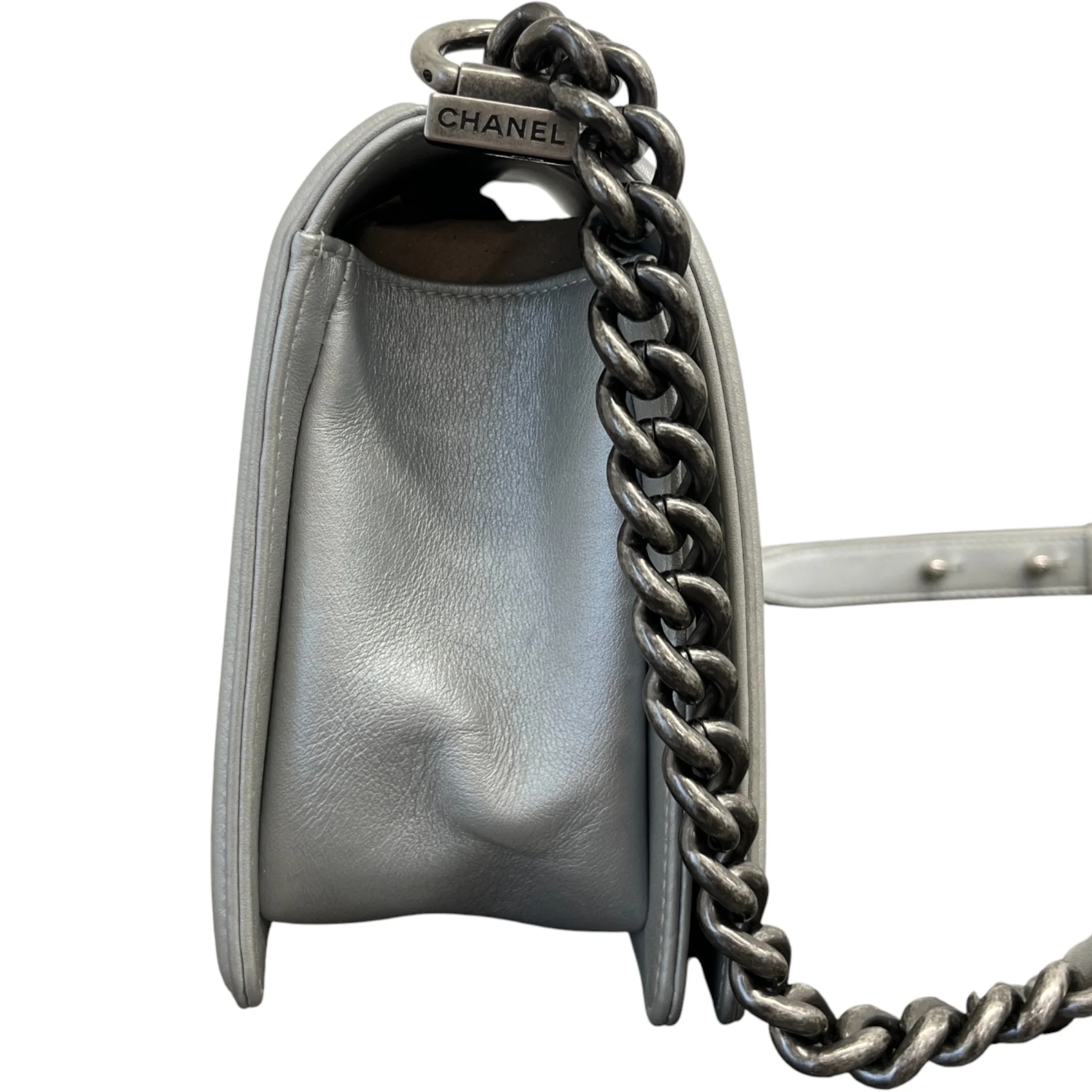 Women's Metallic Lambskin Medium Boy Bag Silver - Image 7