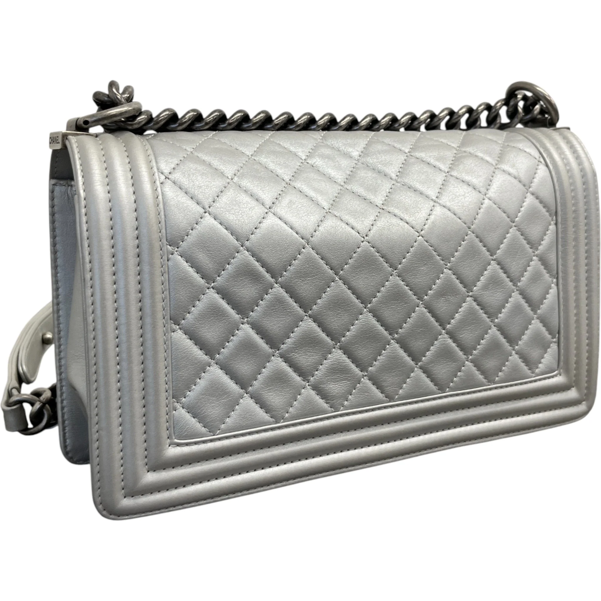 Women's Metallic Lambskin Medium Boy Bag Silver - Image 8