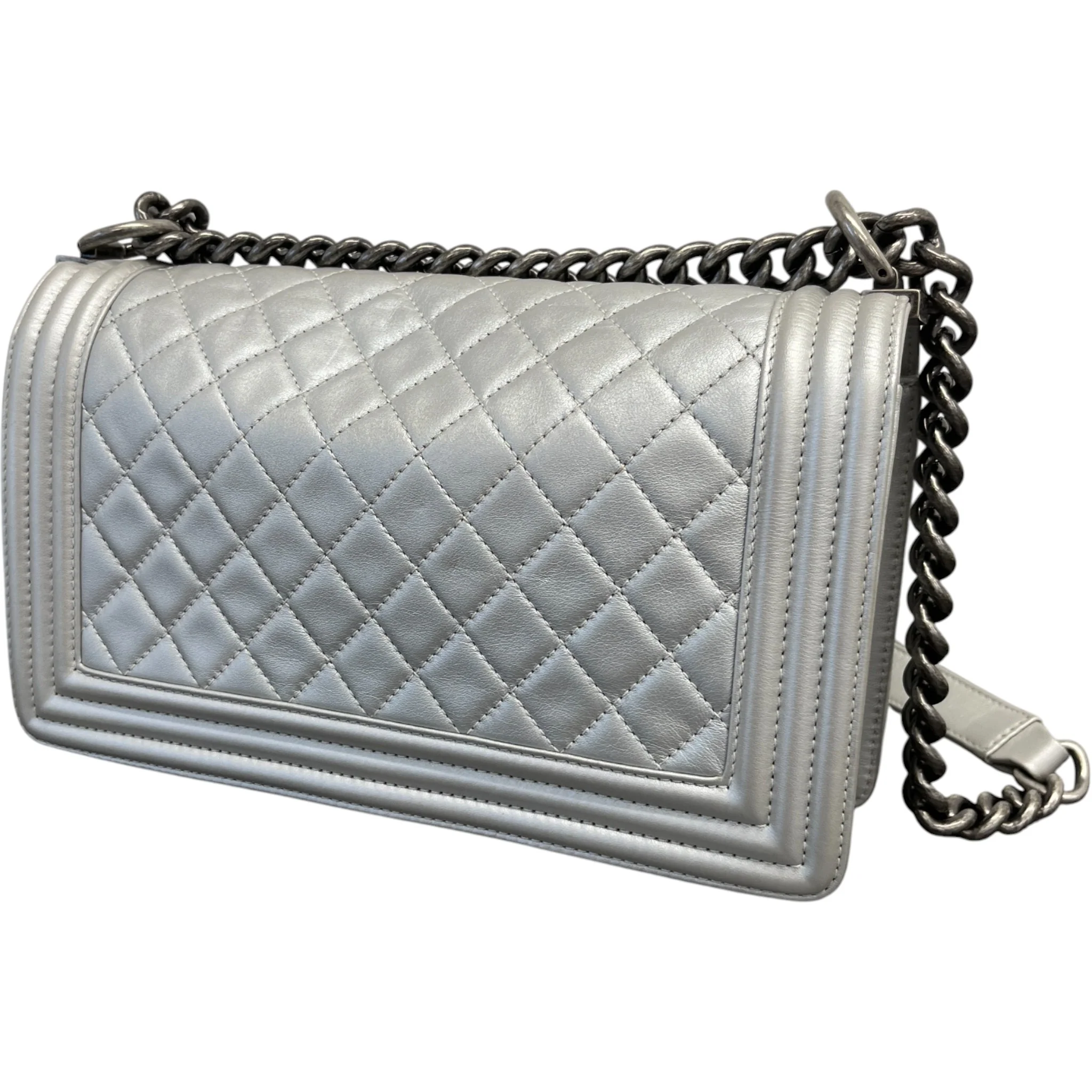 Women's Metallic Lambskin Medium Boy Bag Silver - Image 9