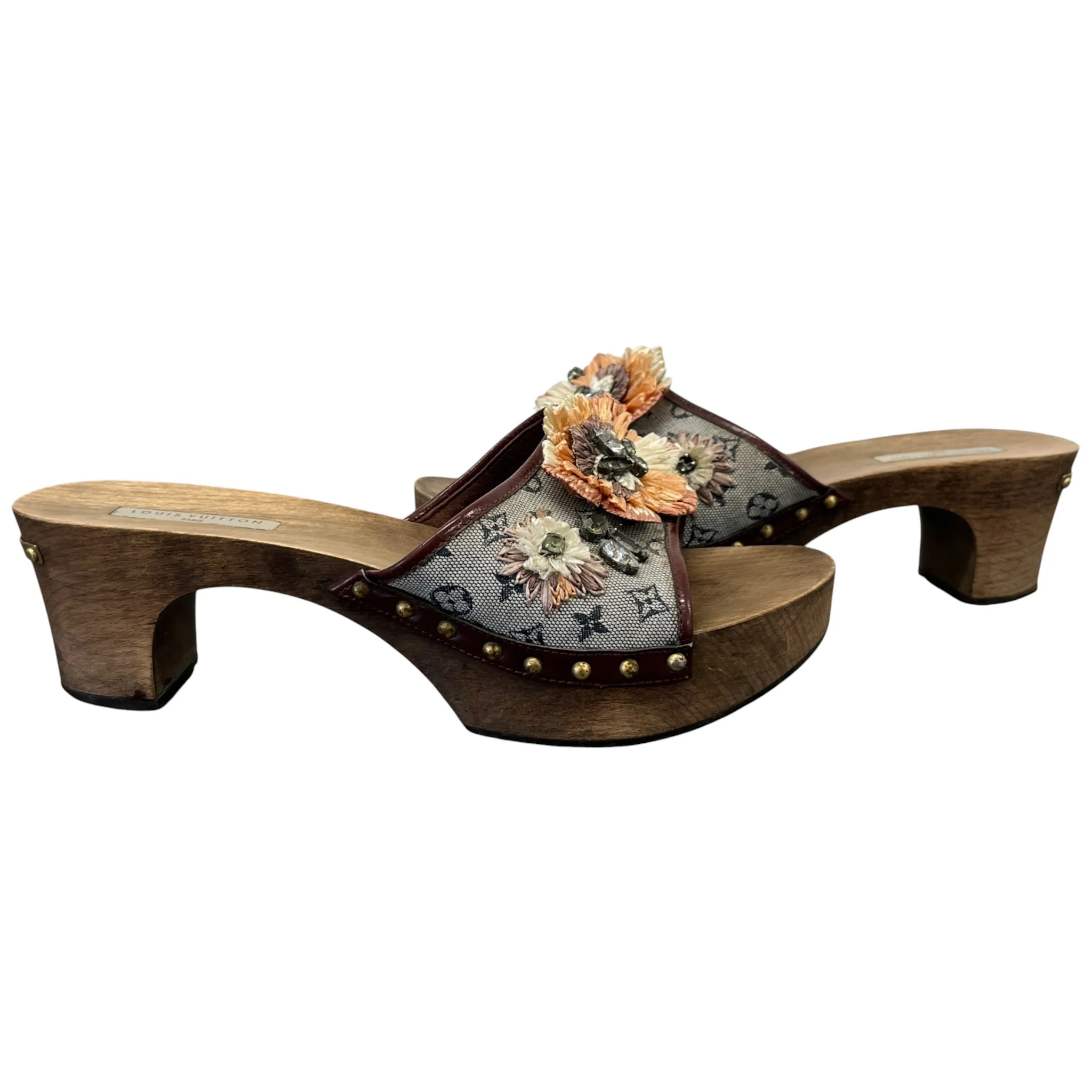 Women's Monogram Mini Lin Raffia Flower Wooden Mules Brown Size EU 39.5 / UK 6.5 - Image 3