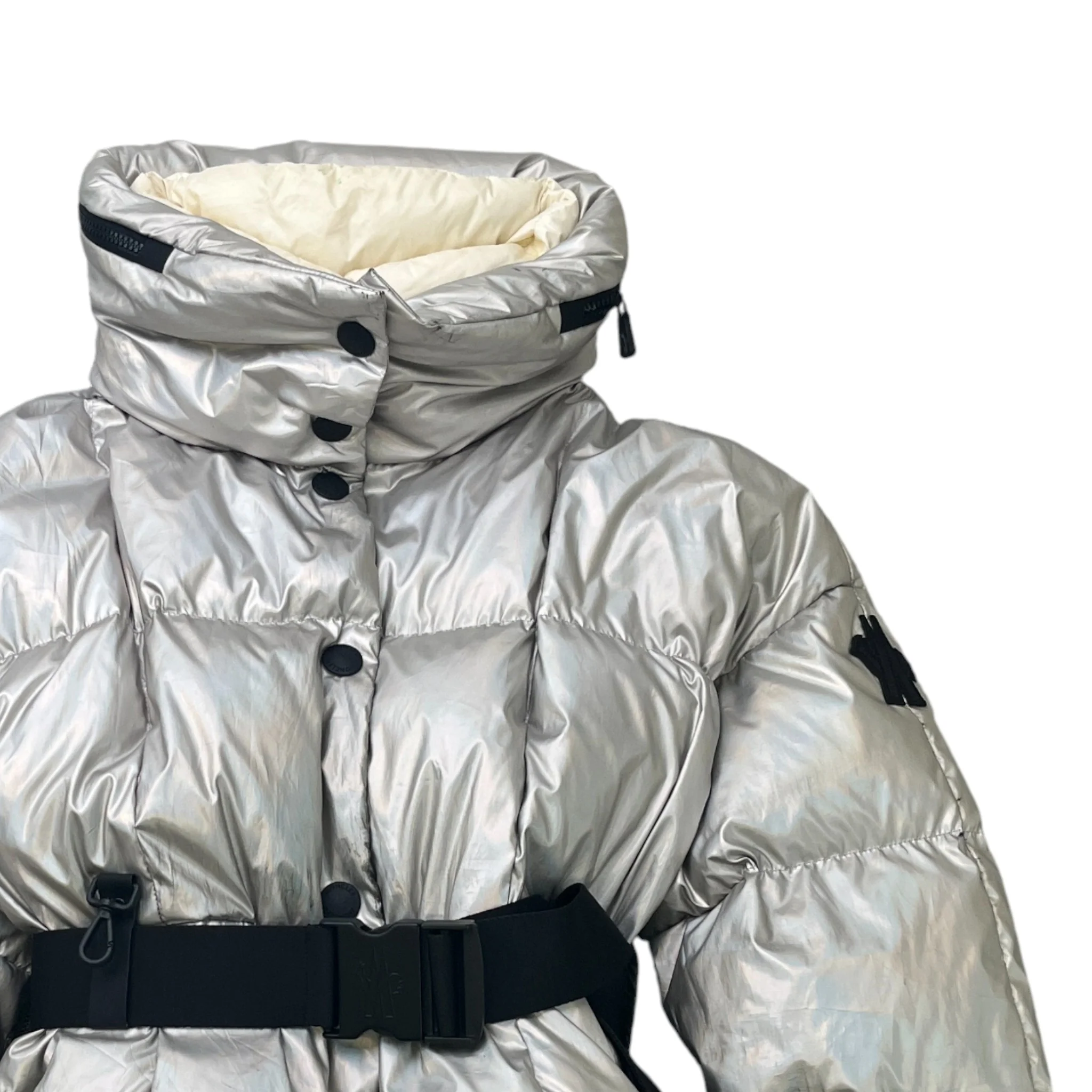 Women's Olligan Holographic Hooded Belted Down Jacket Silver Size 1 / UK 10 - Image 3