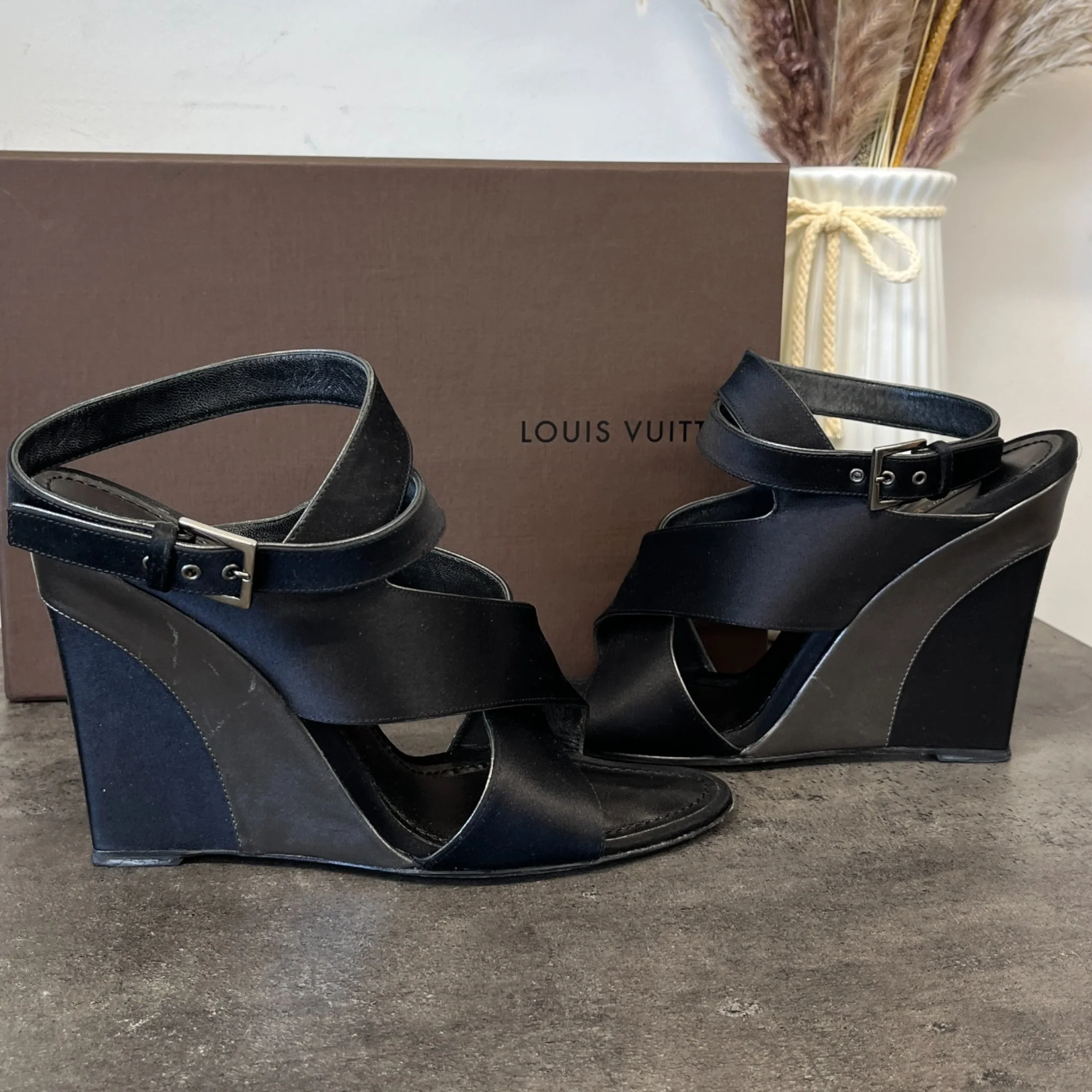 Women's Satin Strap Wedge Sandals Heels Black Size EU 38 / UK 5 - Image 11