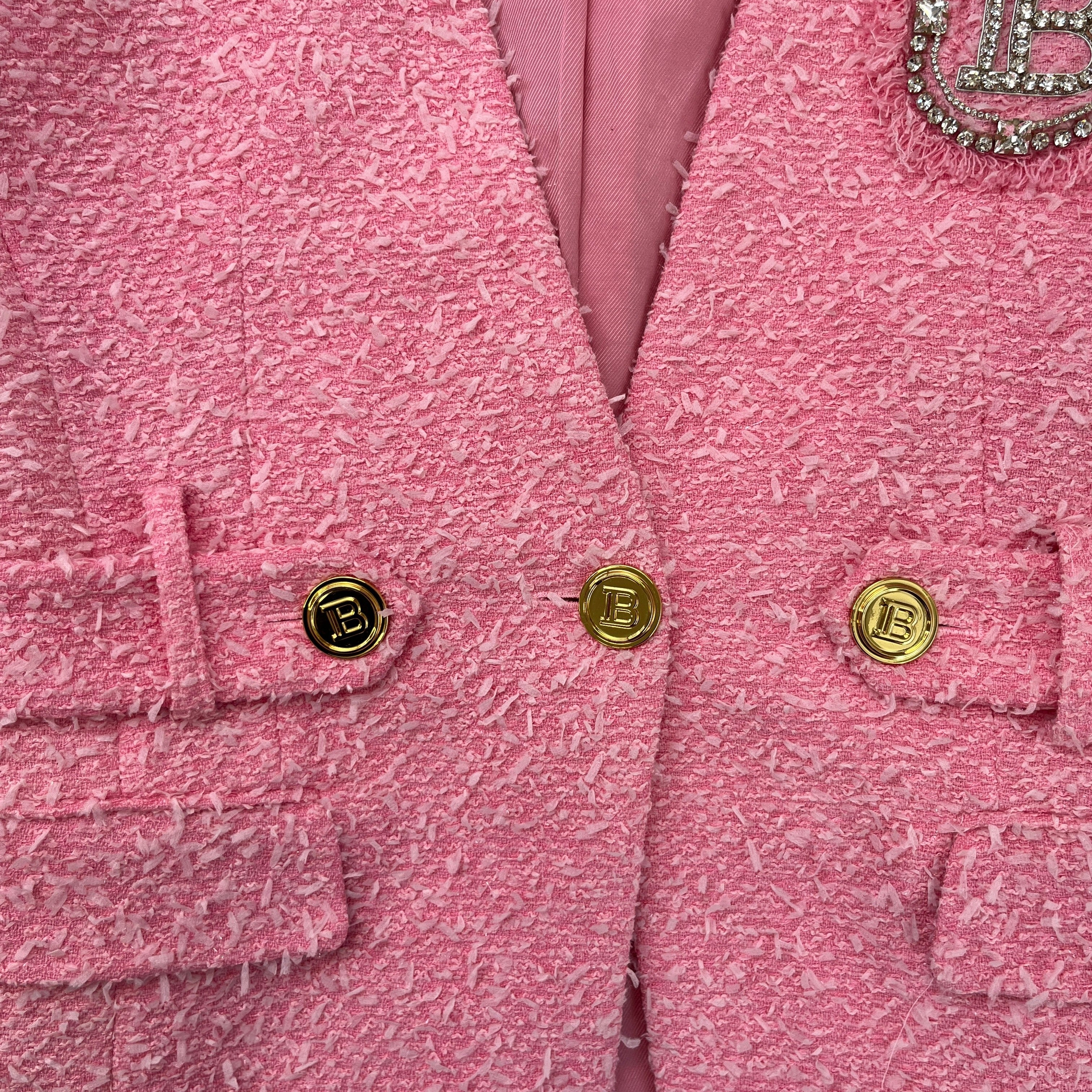 Women's Tweed Collarless Crystal Brooch Logo Jacket Pink Size IT 40 / UK 8 - Image 6